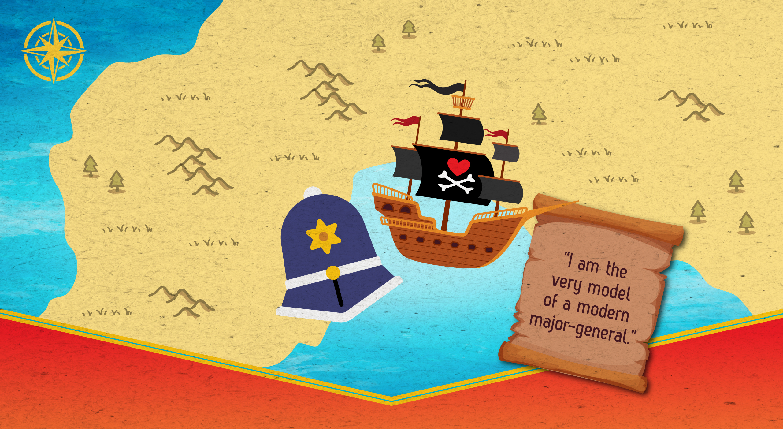 An old fashioned map, featuring a police hat and pirate ship. With a scroll reading "I am the very model of a modern major-general"