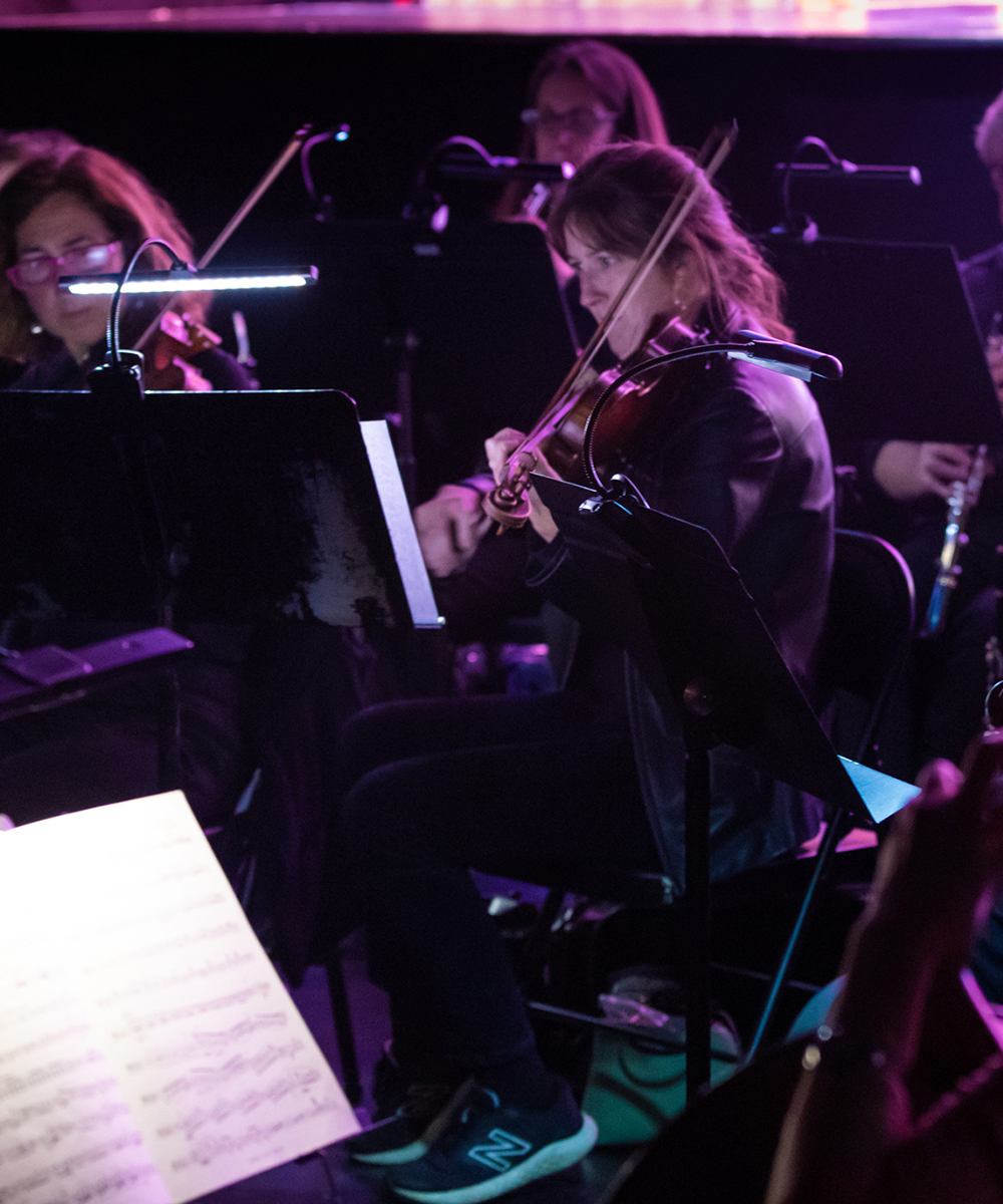 Woman playing violin in music pit